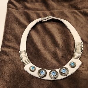 One of a kind leather choker with blue rhinestone